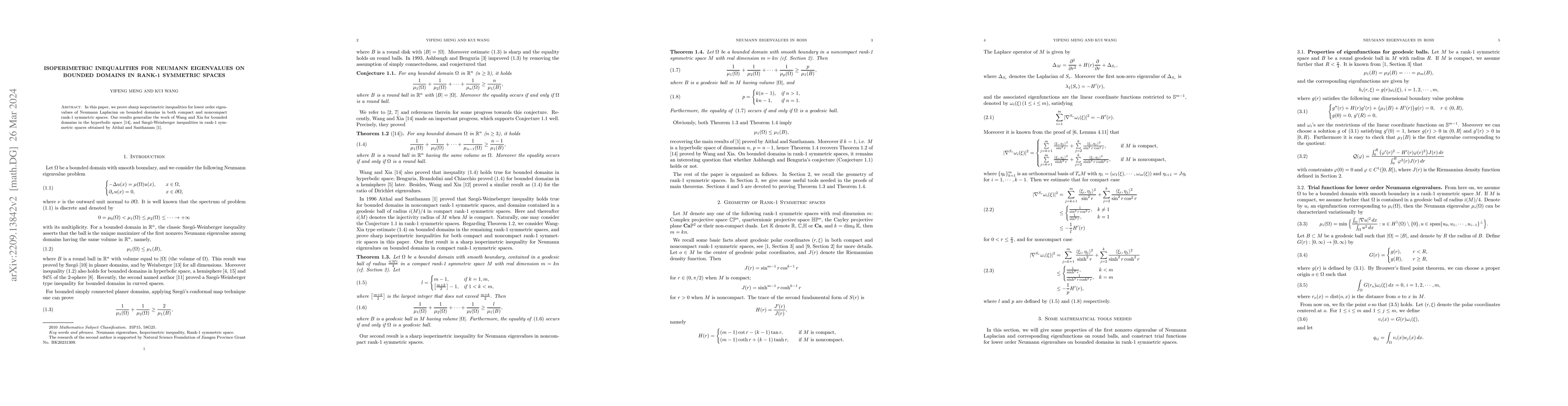 Thumbnail for Isoperimetric inequalities for Neumann eigenvalues on bounded domains in
  rank-1 symmetric spaces