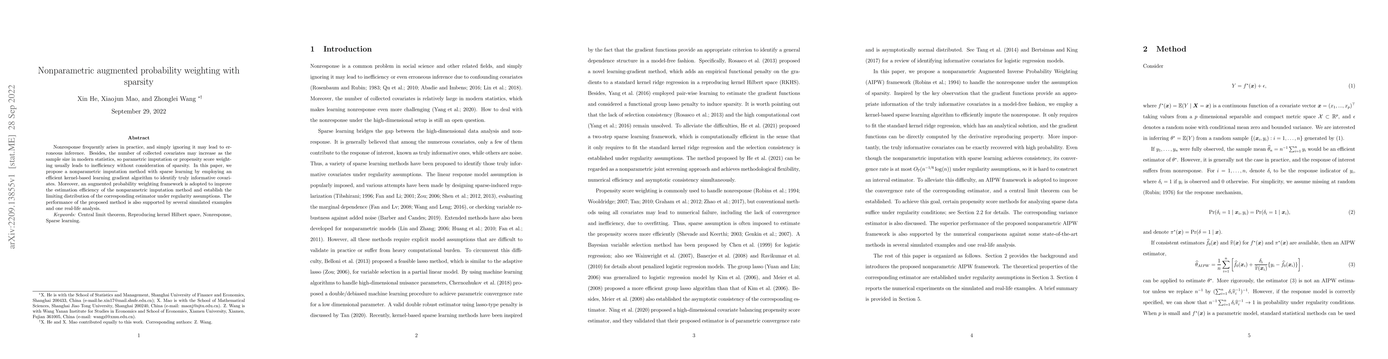 Thumbnail for Nonparametric augmented probability weighting with sparsity