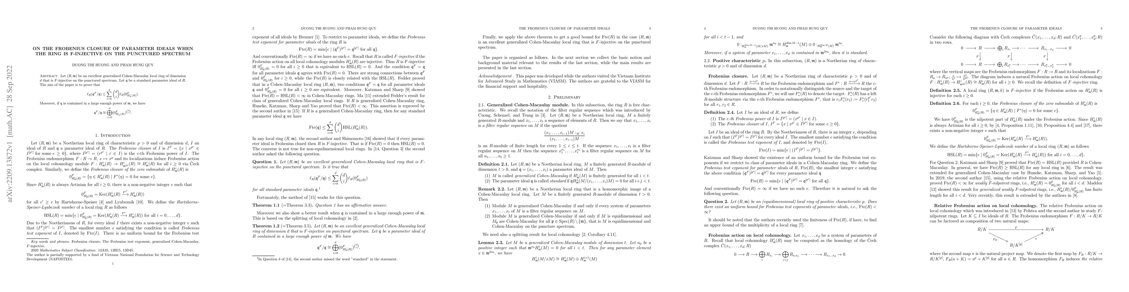 Thumbnail for On the Frobenius closure of parameter ideals when the ring is
  F-injective on the punctured spectrum