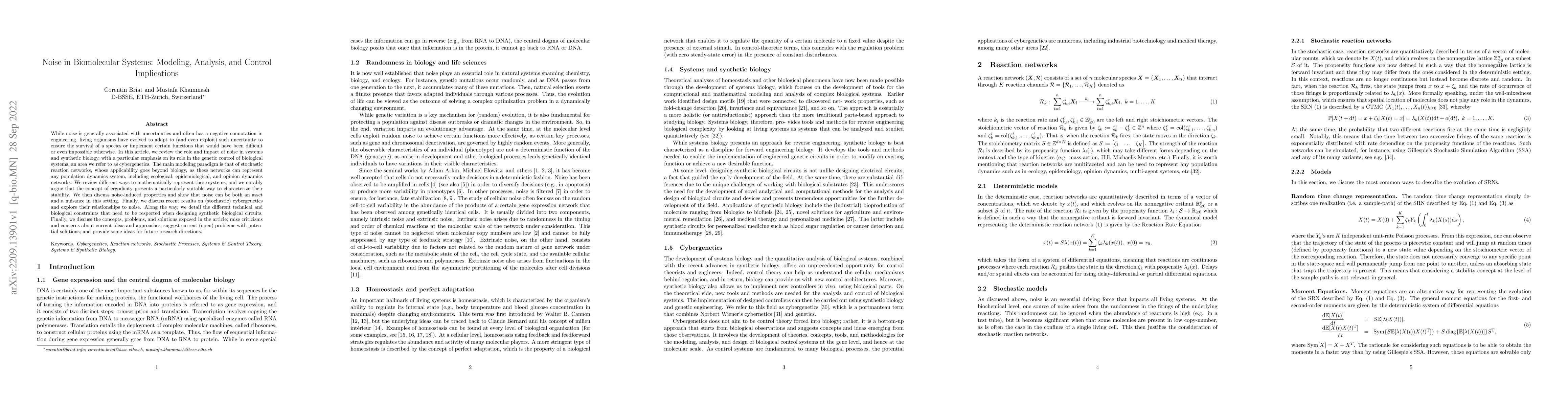 Thumbnail for Noise in Biomolecular Systems: Modeling, Analysis, and Control
  Implications