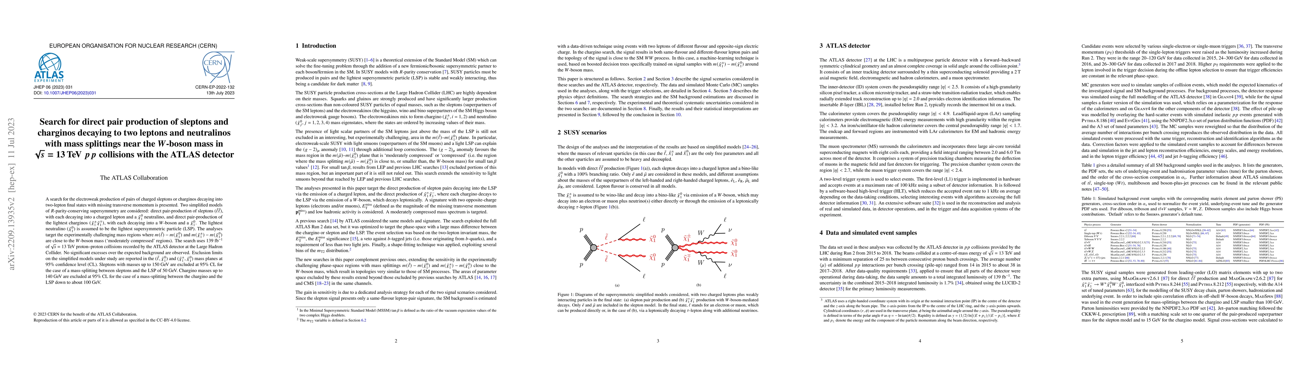 Thumbnail for Search for direct pair production of sleptons and charginos decaying to
  two leptons and neutralinos with mass splittings near the $W$-boson mass in
  ${\sqrt{s}=13\,}$TeV $pp$ collisions with the ATLAS detector