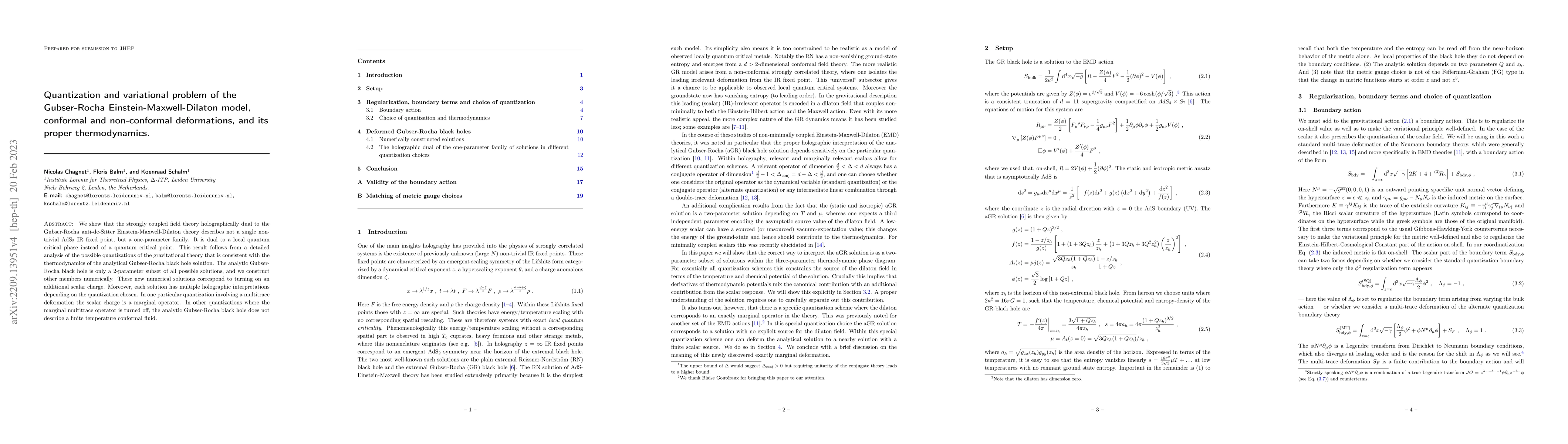 Thumbnail for Quantization and variational problem of the Gubser-Rocha
  Einstein-Maxwell-Dilaton model, conformal and non-conformal deformations, and
  its proper thermodynamics