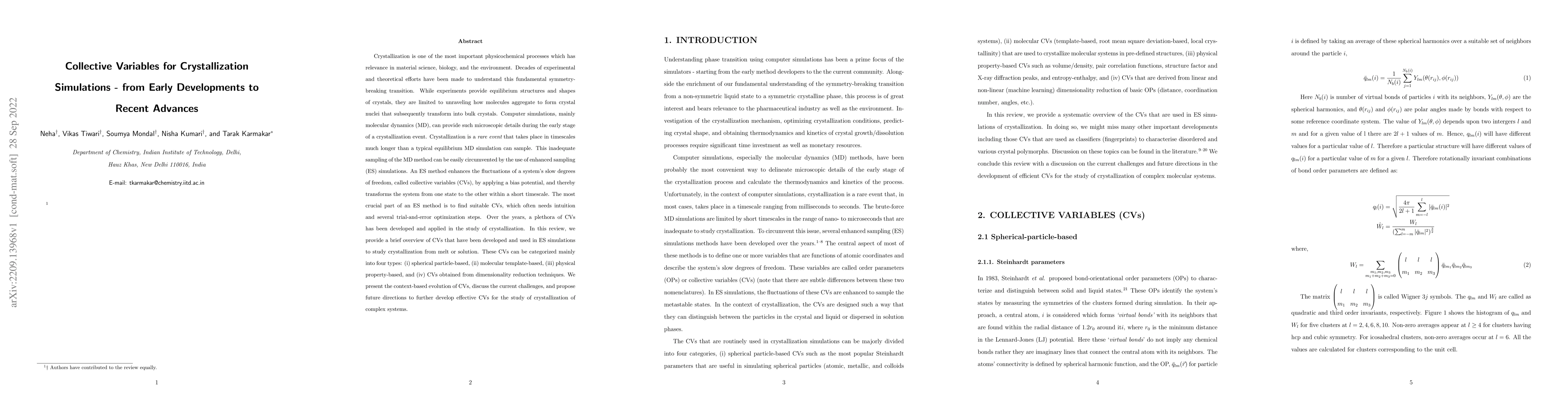 Thumbnail for Collective Variables for Crystallization Simulations -- from Early
  Developments to Recent Advances
