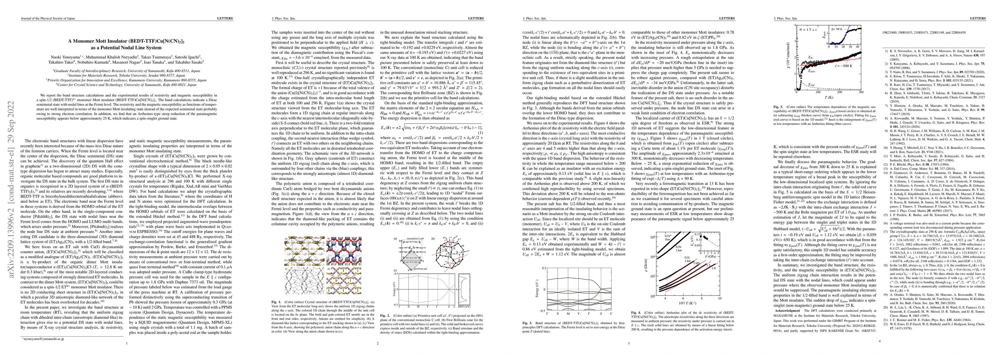 Thumbnail for A Monomer Mott Insulator (BEDT-TTF)Cu[N(CN)$_2$]$_2$ as a Potential
  Nodal Line System
