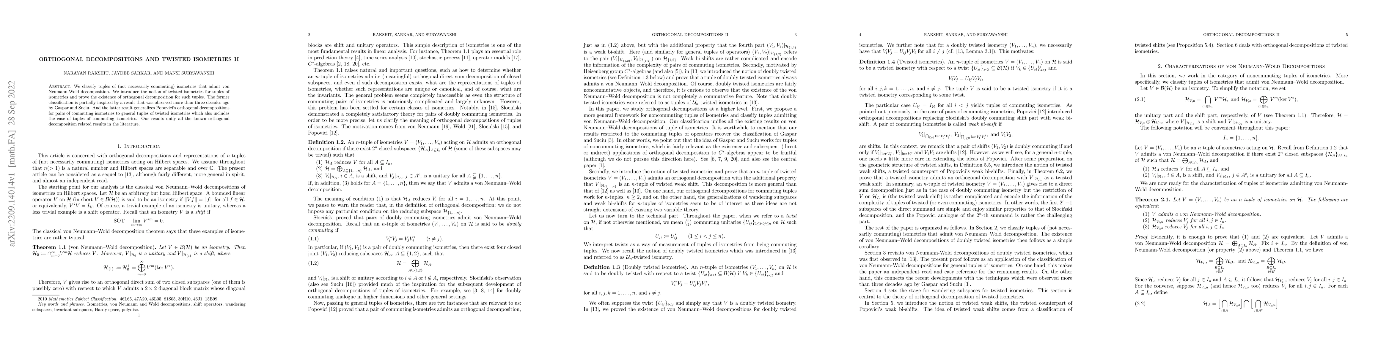 Thumbnail for Orthogonal decompositions and twisted isometries II