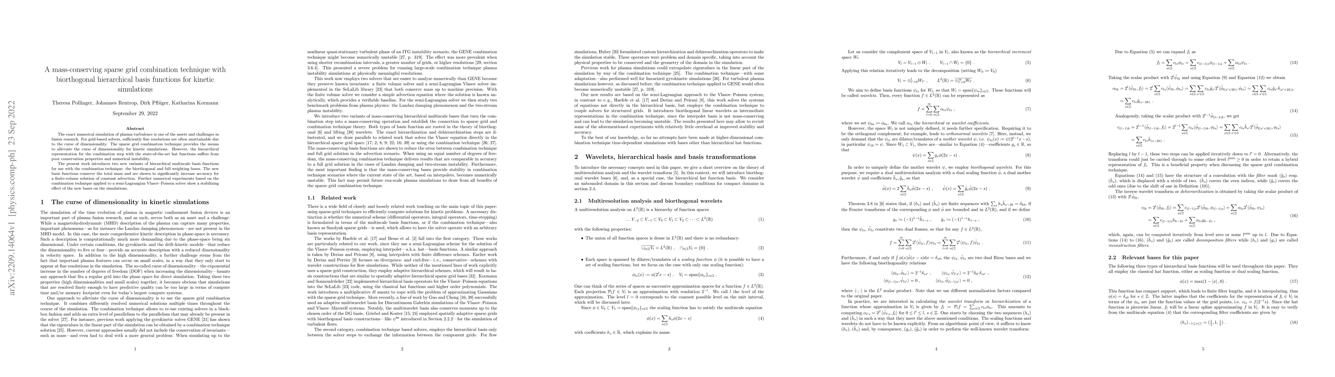 Thumbnail for A mass-conserving sparse grid combination technique with biorthogonal
  hierarchical basis functions for kinetic simulations