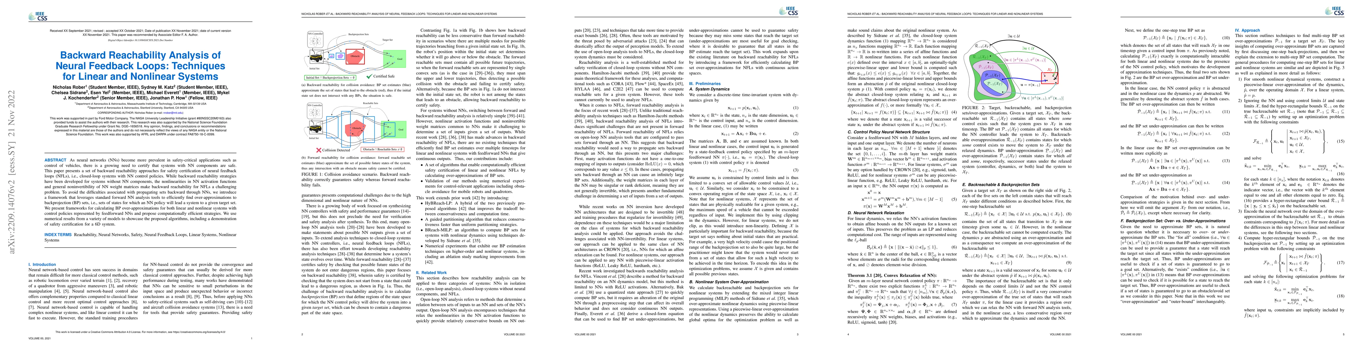 Thumbnail for Backward Reachability Analysis of Neural Feedback Loops: Techniques for
  Linear and Nonlinear Systems