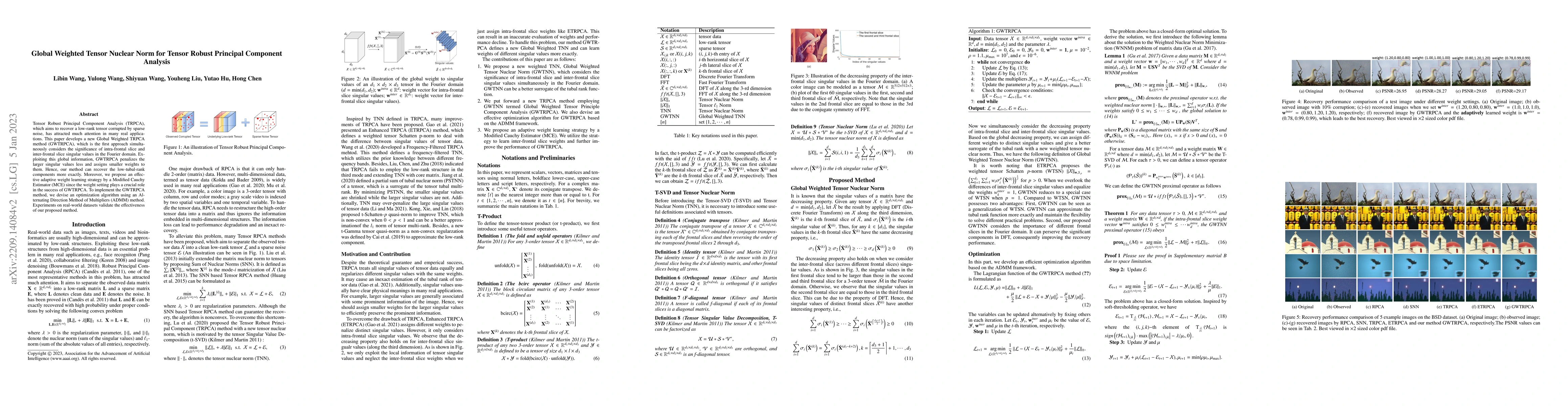 Thumbnail for Global Weighted Tensor Nuclear Norm for Tensor Robust Principal
  Component Analysis