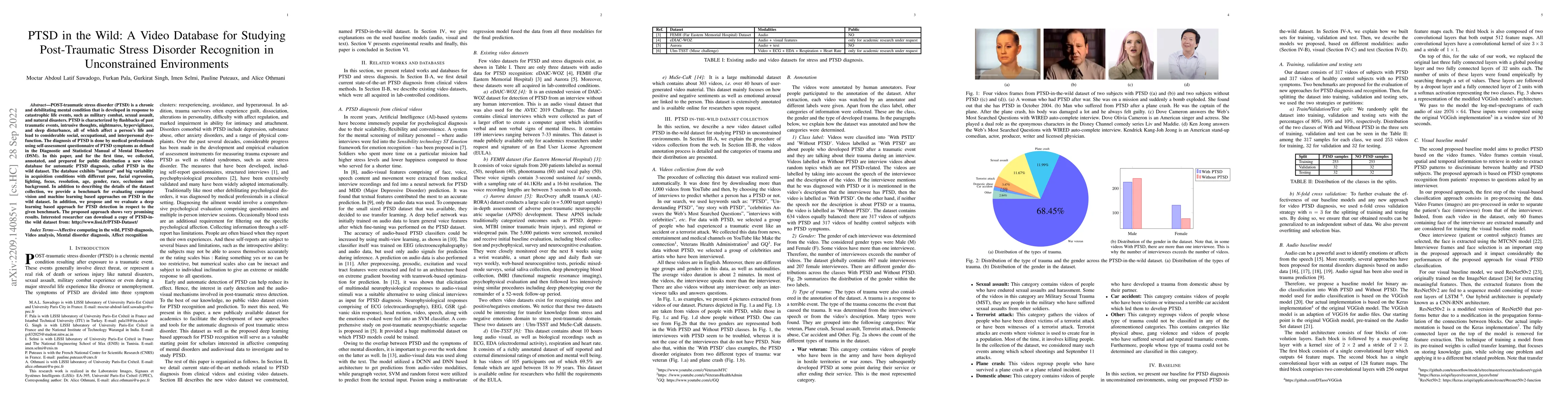Thumbnail for PTSD in the Wild: A Video Database for Studying Post-Traumatic Stress
  Disorder Recognition in Unconstrained Environments