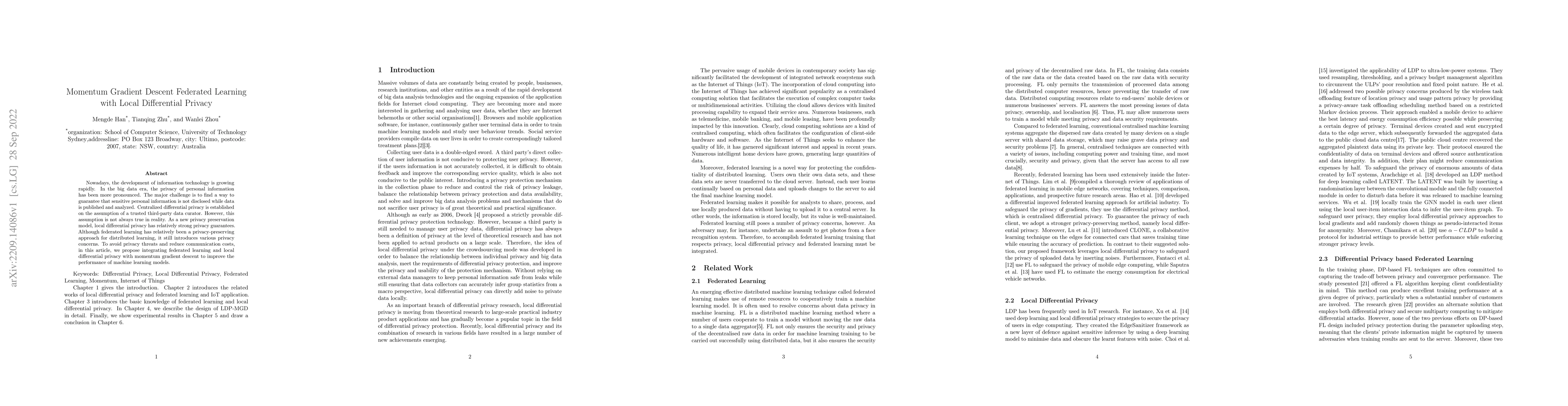 Thumbnail for Momentum Gradient Descent Federated Learning with Local Differential
  Privacy