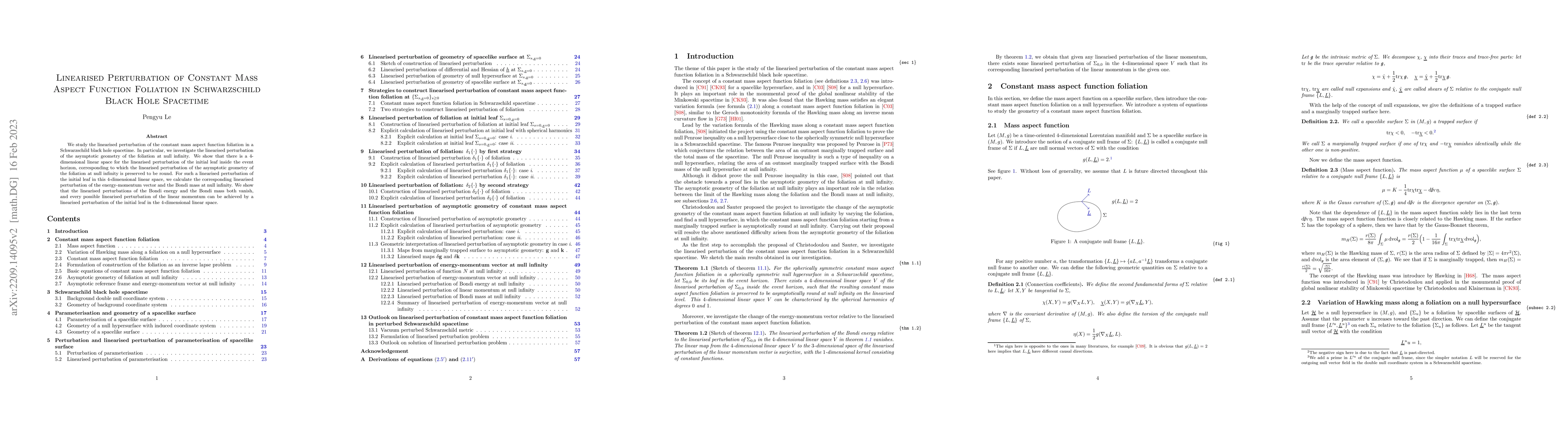 Thumbnail for Linearised perturbation of constant mass aspect function foliation in
  Schwarzschild black hole spacetime
