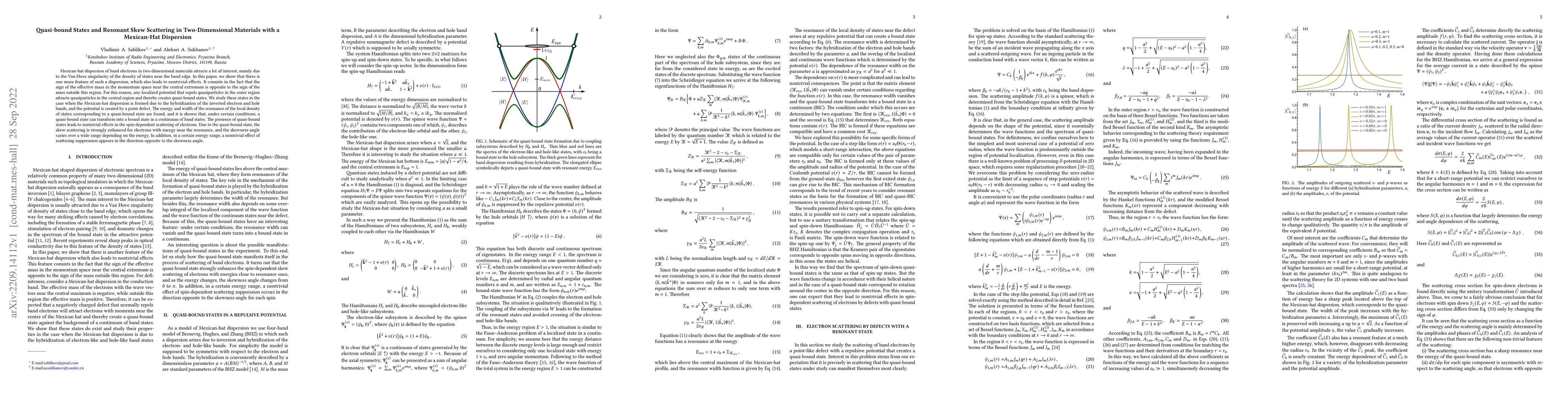 Thumbnail for Quasi-bound States and Resonant Skew Scattering in Two-Dimensional
  Materials with a Mexican-Hat Dispersion