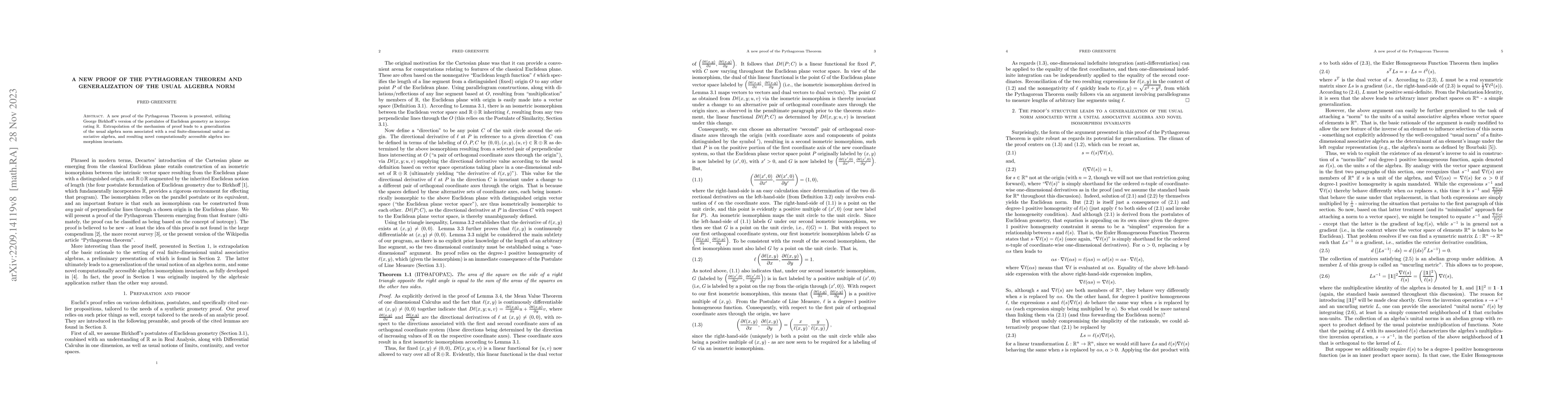 Thumbnail for A new proof of the Pythagorean Theorem and generalization of the usual
  algebra norm