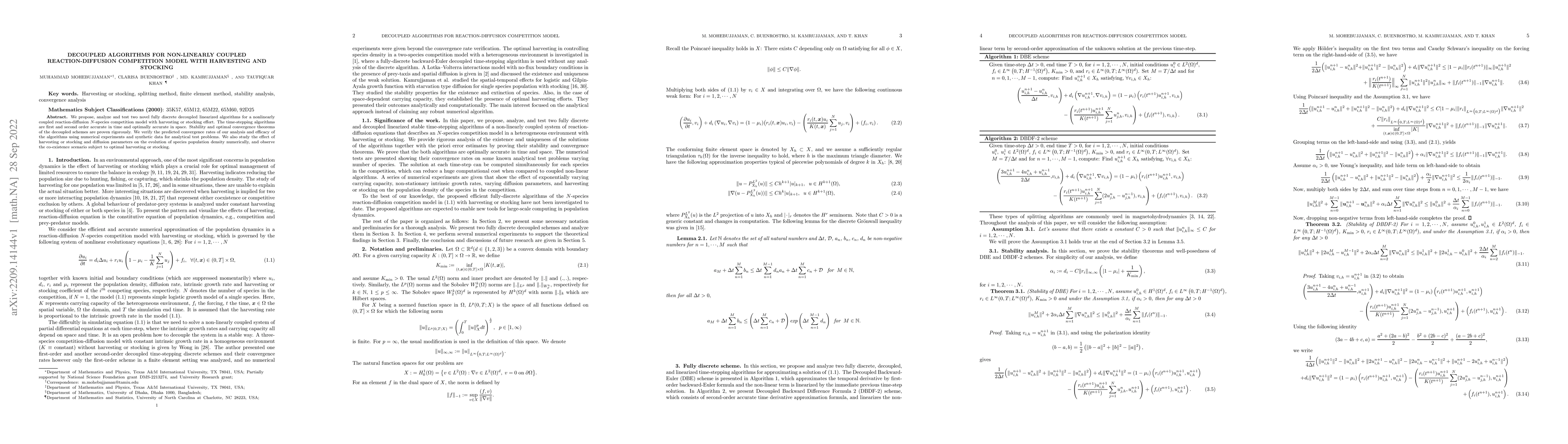 Thumbnail for Decoupled algorithms for non-linearly coupled reaction-diffusion
  competition model with harvesting and Stocking