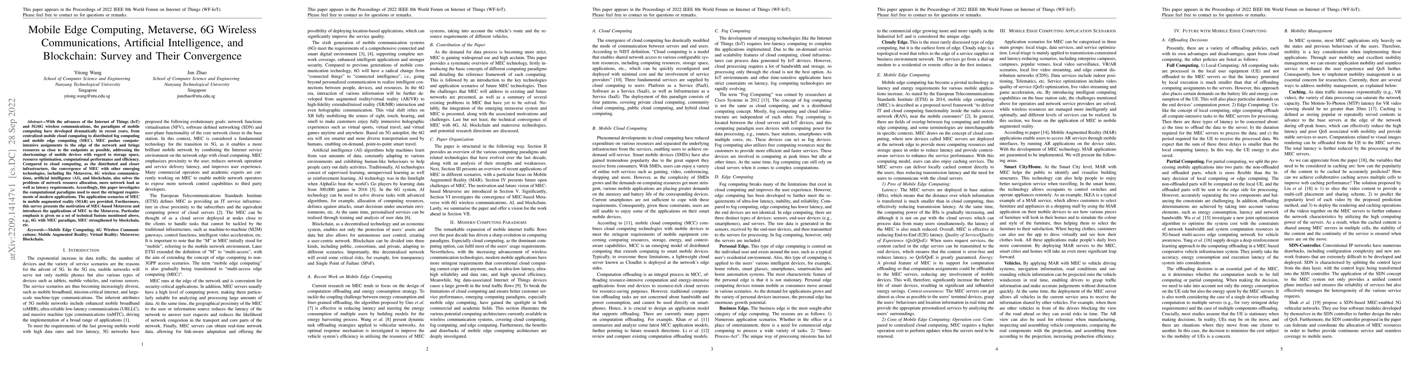 Thumbnail for Mobile Edge Computing, Metaverse, 6G Wireless Communications, Artificial
  Intelligence, and Blockchain: Survey and Their Convergence