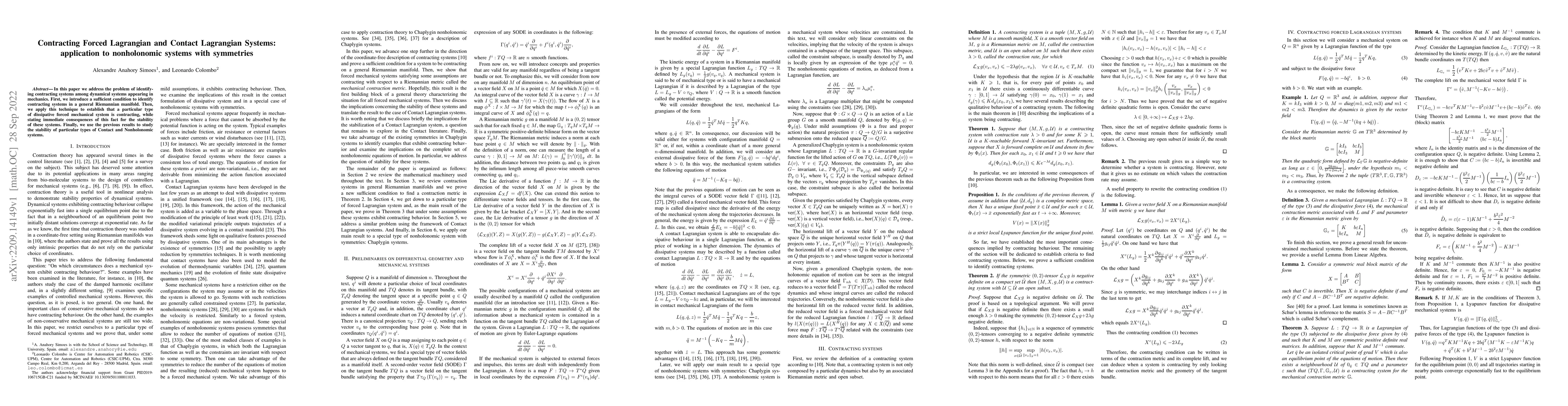 Thumbnail for Contracting Forced Lagrangian and Contact Lagrangian Systems:
  application to nonholonomic systems with symmetries