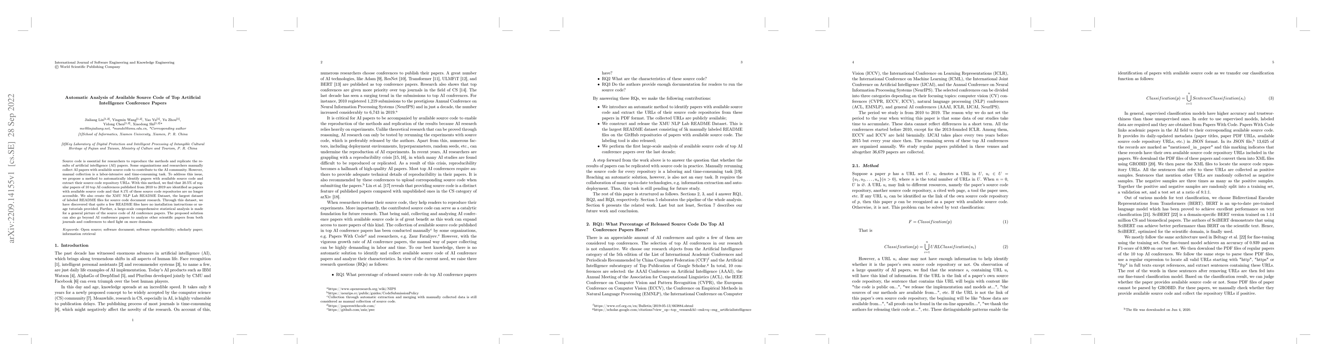 Thumbnail for Automatic Analysis of Available Source Code of Top Artificial
  Intelligence Conference Papers