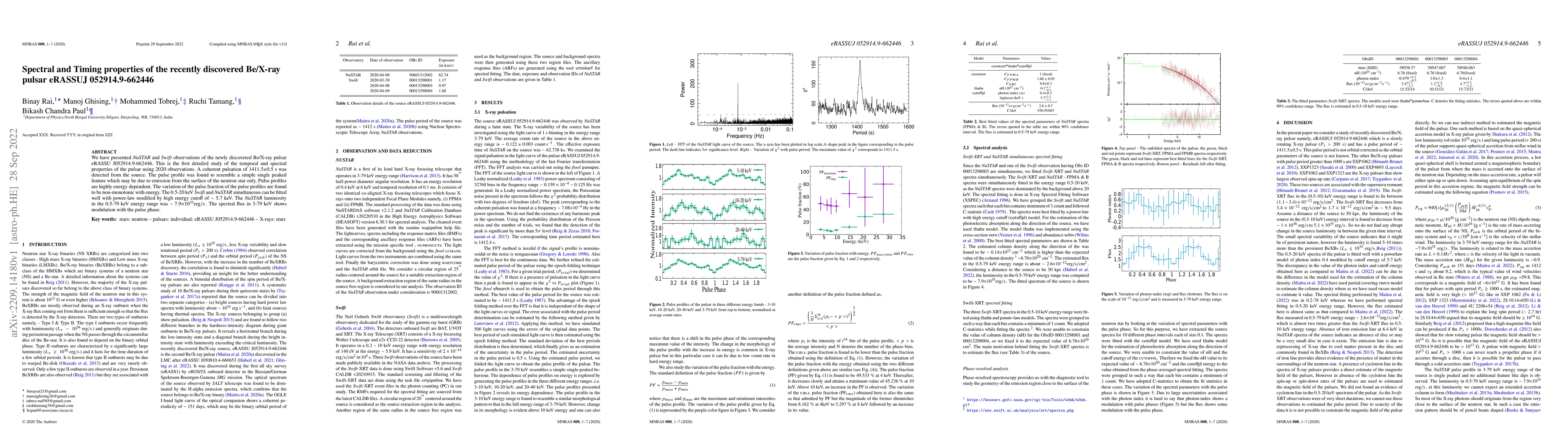 Thumbnail for Spectral and Timing properties of the recently discovered Be/X-ray
  pulsar eRASSUJ 052914.9-662446
