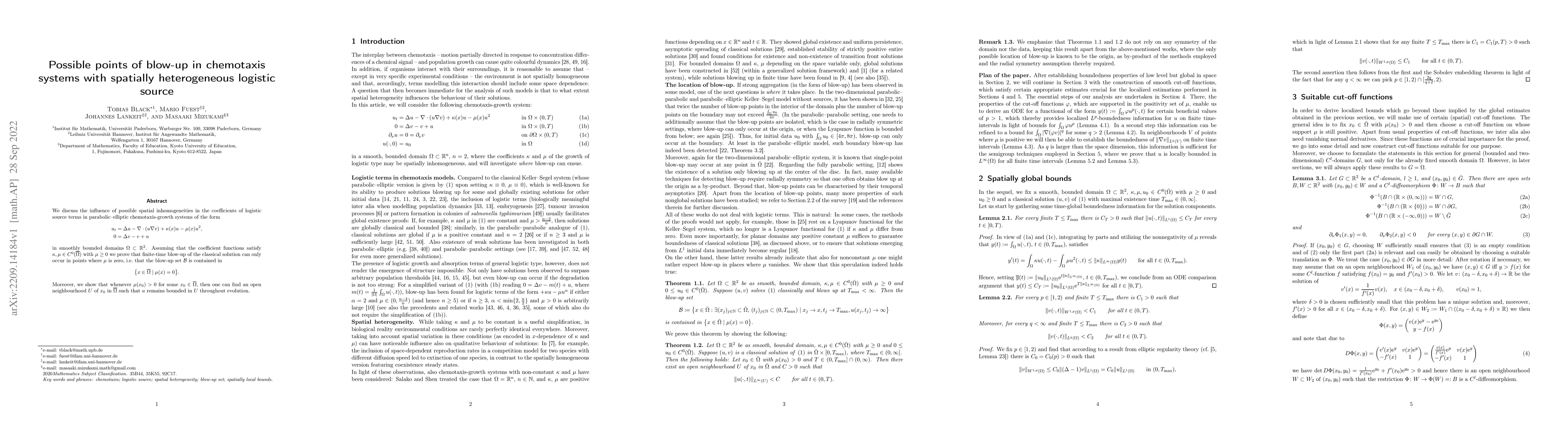 Thumbnail for Possible points of blow-up in chemotaxis systems with spatially
  heterogeneous logistic source