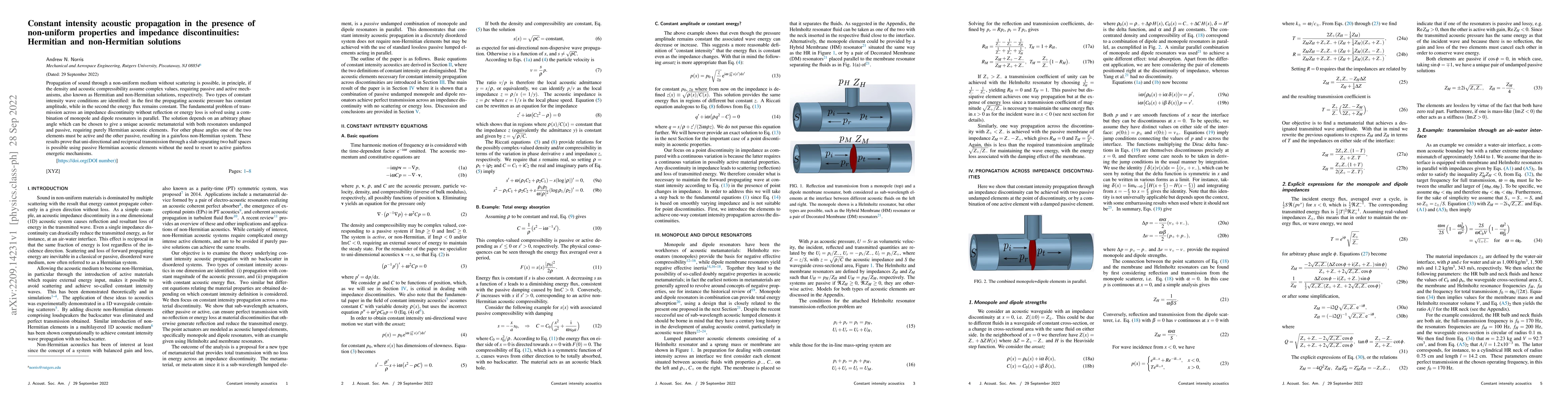 Thumbnail for Constant intensity acoustic propagation in the presence of non-uniform
  properties and impedance discontinuities: Hermitian and non-Hermitian
  solutions