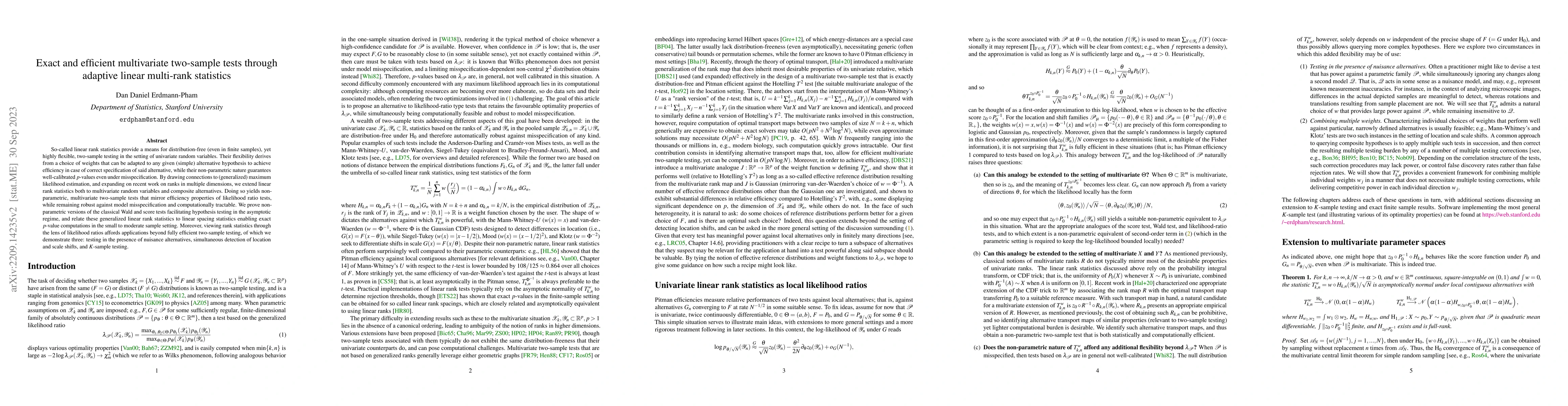 Thumbnail for Exact and efficient multivariate two-sample tests through generalized
  linear rank statistics