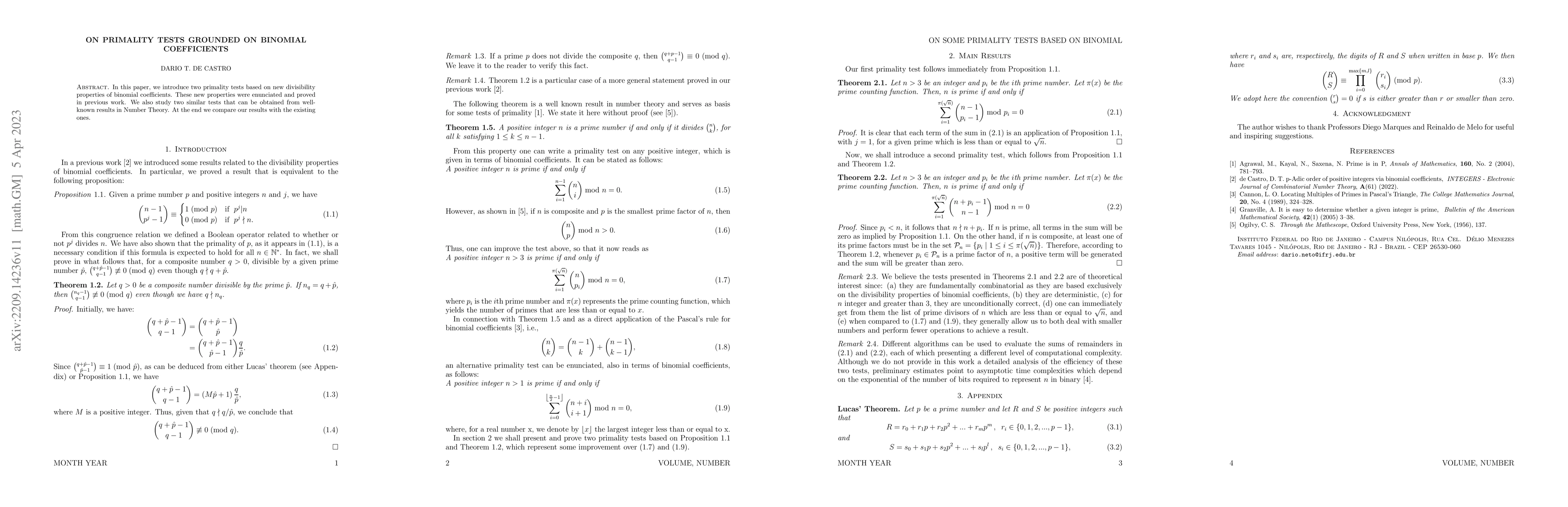 Thumbnail for On Primality Tests Grounded on Binomial Coefficients