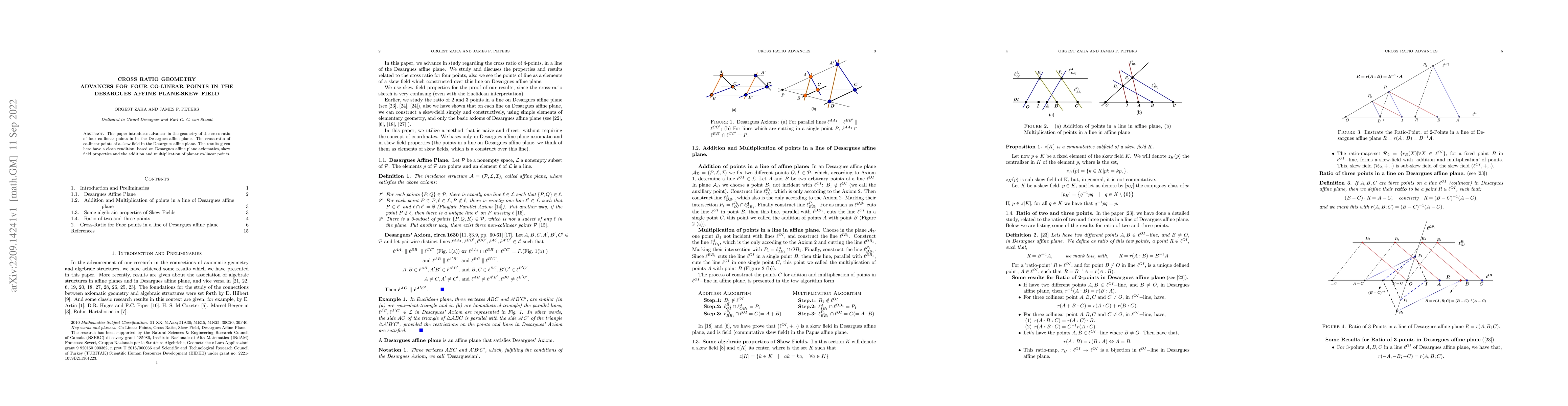 Thumbnail for Cross Ratio Geometry Advances for Four Co-Linear Points in the Desargues
  Affine Plane-Skew Field