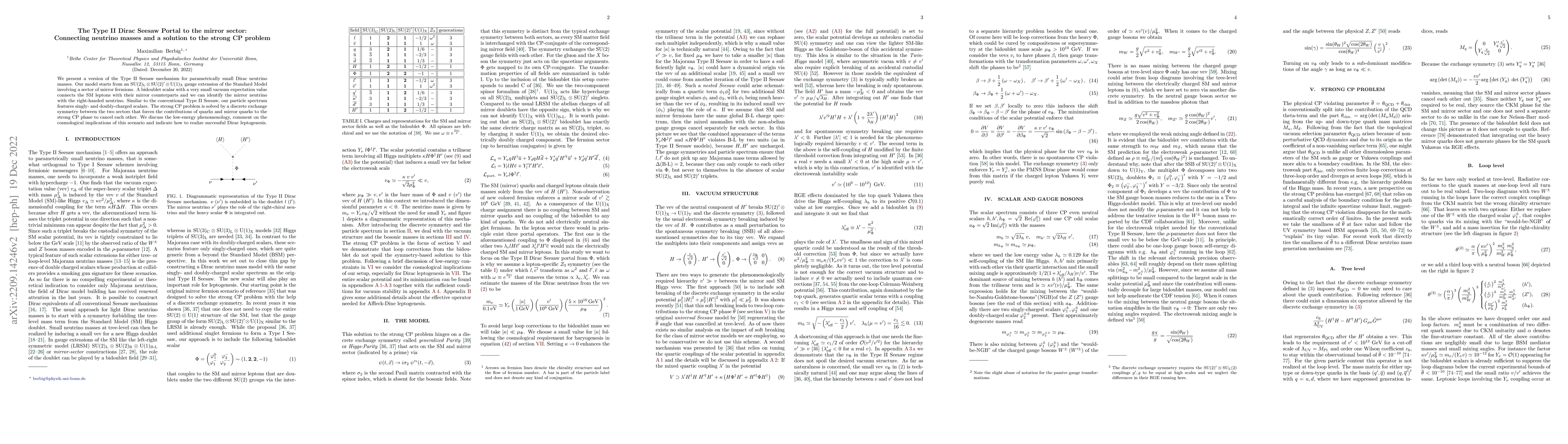 Thumbnail for The Type II Dirac Seesaw Portal to the mirror sector: Connecting
  neutrino masses and a solution to the strong CP problem