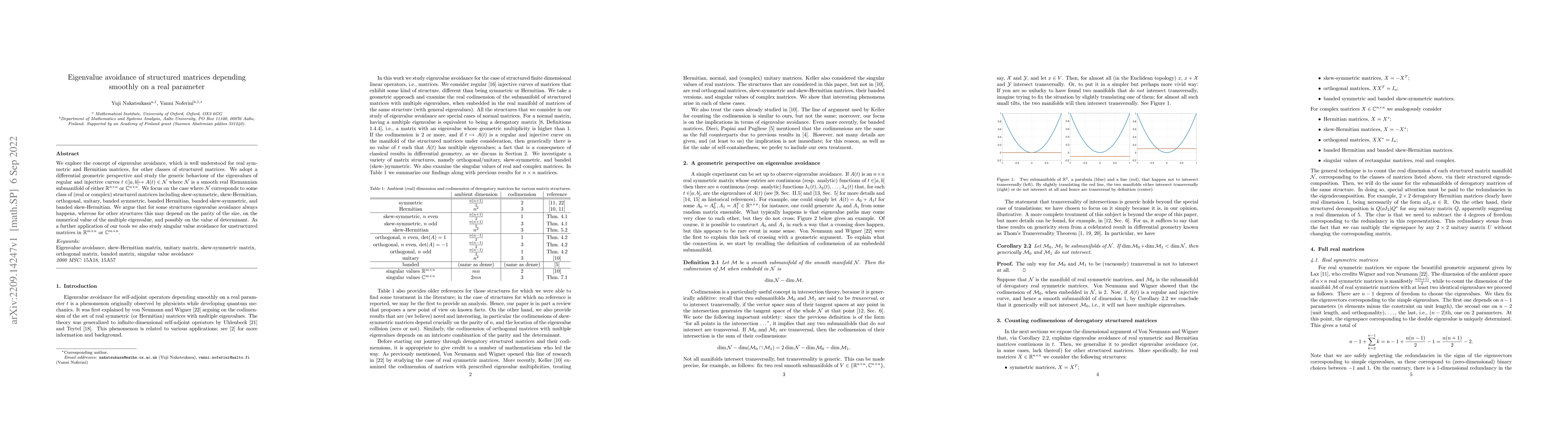 Thumbnail for Eigenvalue avoidance of structured matrices depending smoothly on a real
  parameter