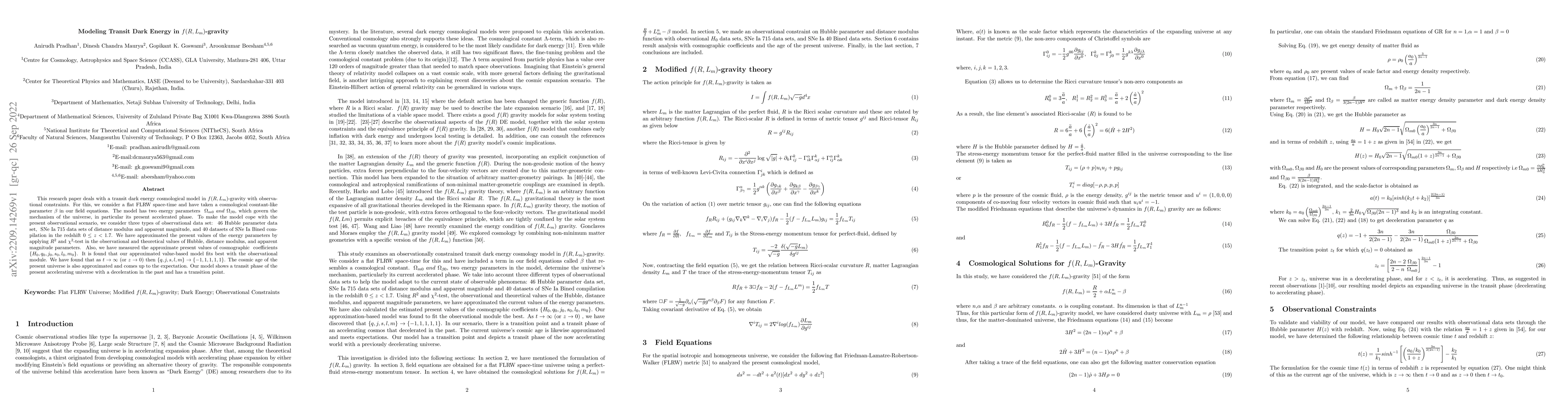 Thumbnail for Modeling Transit Dark Energy in $f(R, L_m)$-gravity