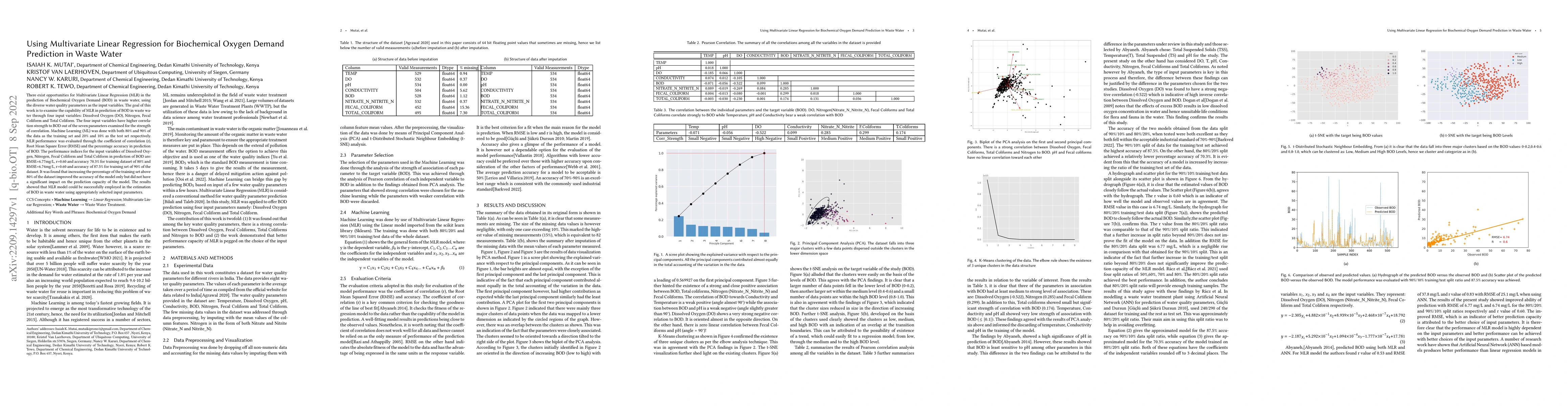 Thumbnail for Using Multivariate Linear Regression for Biochemical Oxygen Demand
  Prediction in Waste Water