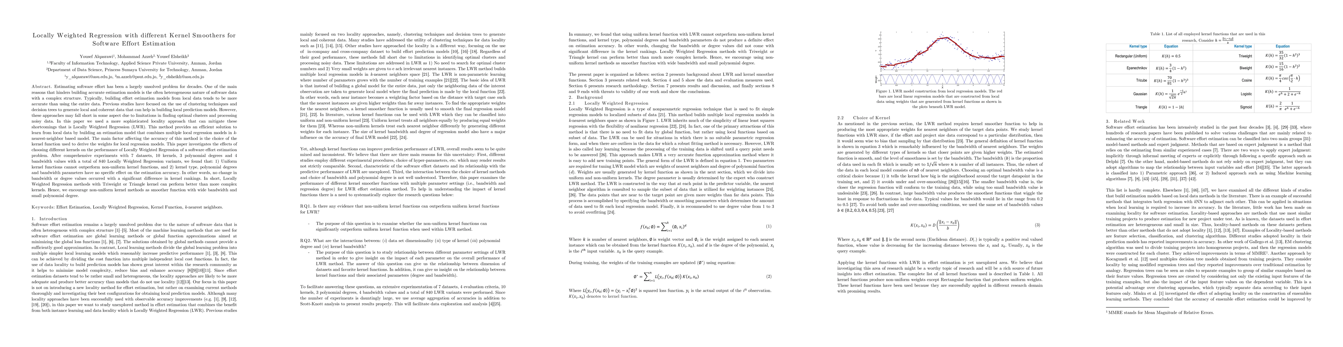Thumbnail for Locally Weighted Regression with different Kernel Smoothers for Software
  Effort Estimation