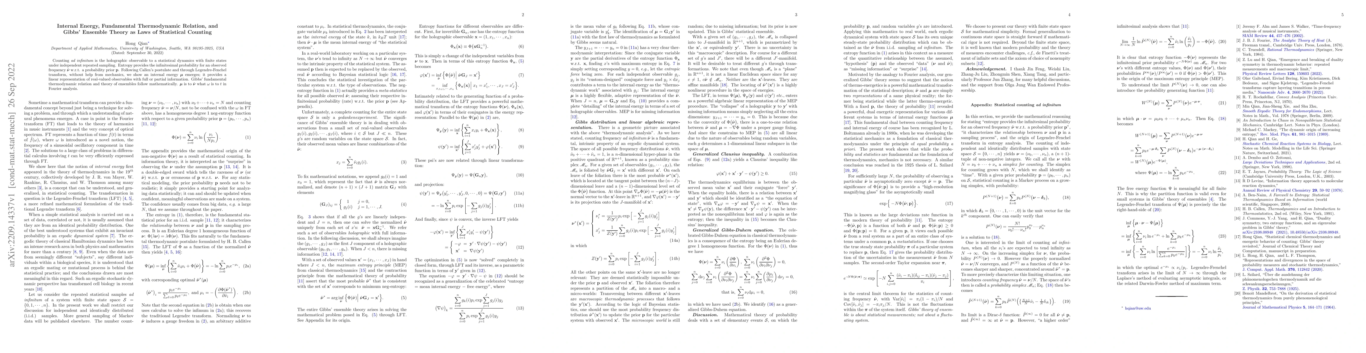 Thumbnail for Internal Energy, Fundamental Thermodynamic Relation, and Gibbs' Ensemble
  Theory as Laws of Statistical Counting