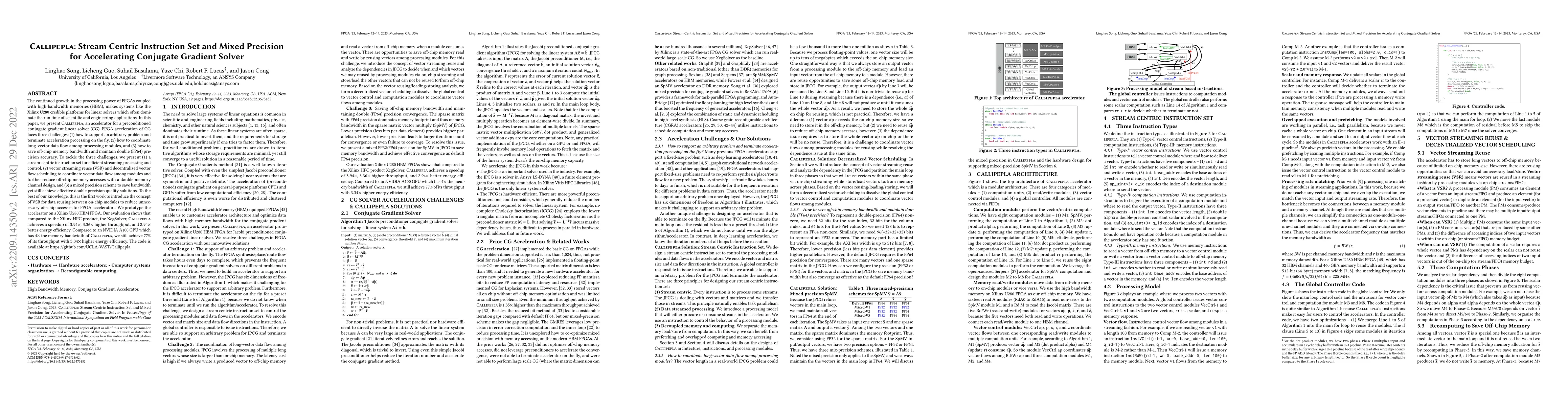 Thumbnail for Callipepla: Stream Centric Instruction Set and Mixed Precision for
  Accelerating Conjugate Gradient Solver