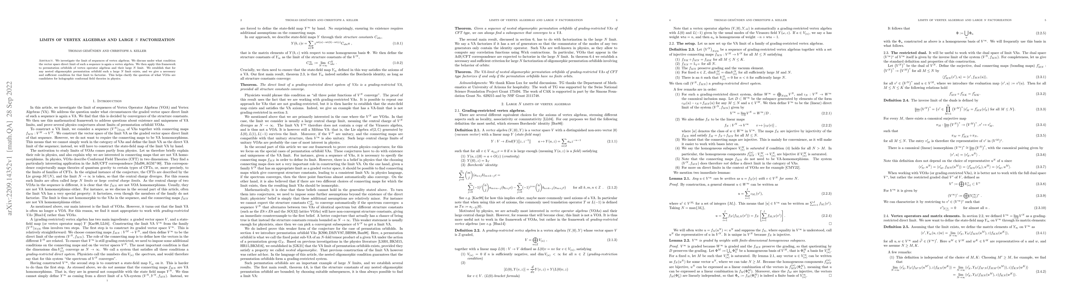 Thumbnail for Limits of Vertex Algebras and Large N Factorization