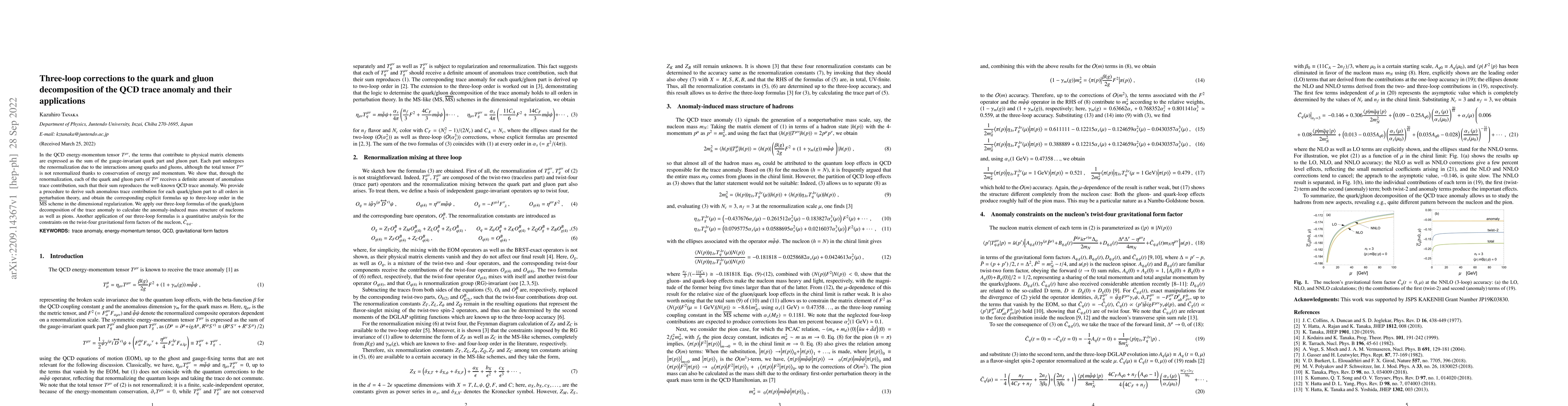 Thumbnail for Three-loop corrections to the quark and gluon decomposition of the QCD
  trace anomaly and their applications