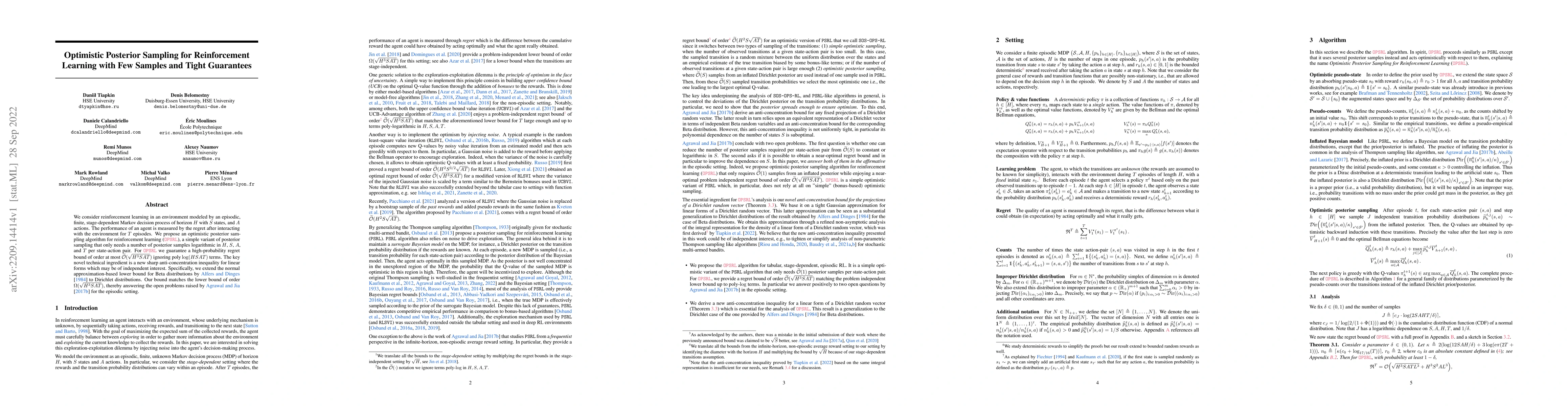 Thumbnail for Optimistic Posterior Sampling for Reinforcement Learning with Few
  Samples and Tight Guarantees