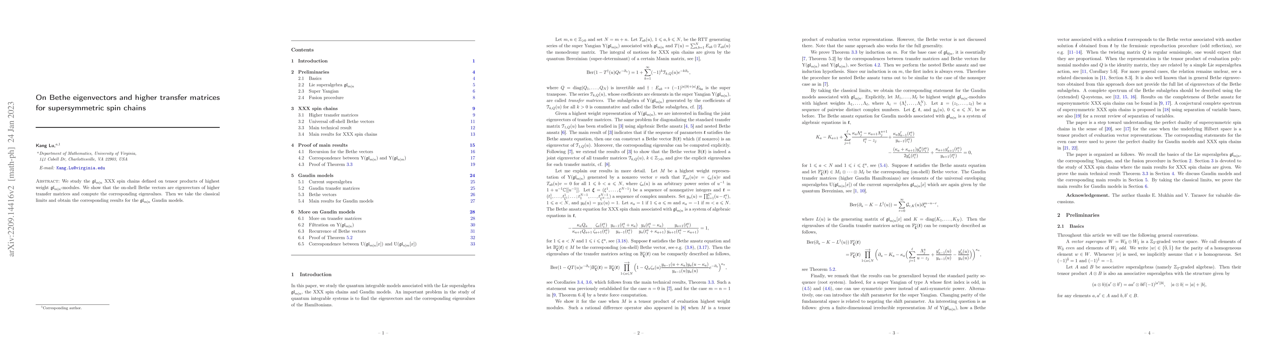 Thumbnail for On Bethe eigenvectors and higher transfer matrices for supersymmetric
  spin chains