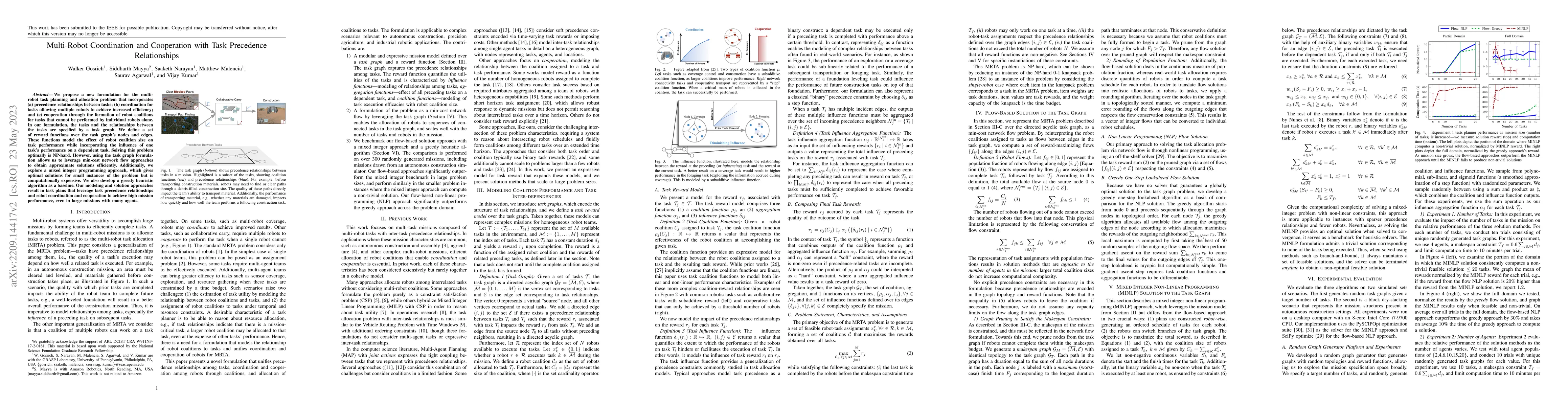 Thumbnail for Multi-Robot Coordination and Cooperation with Task Precedence
  Relationships