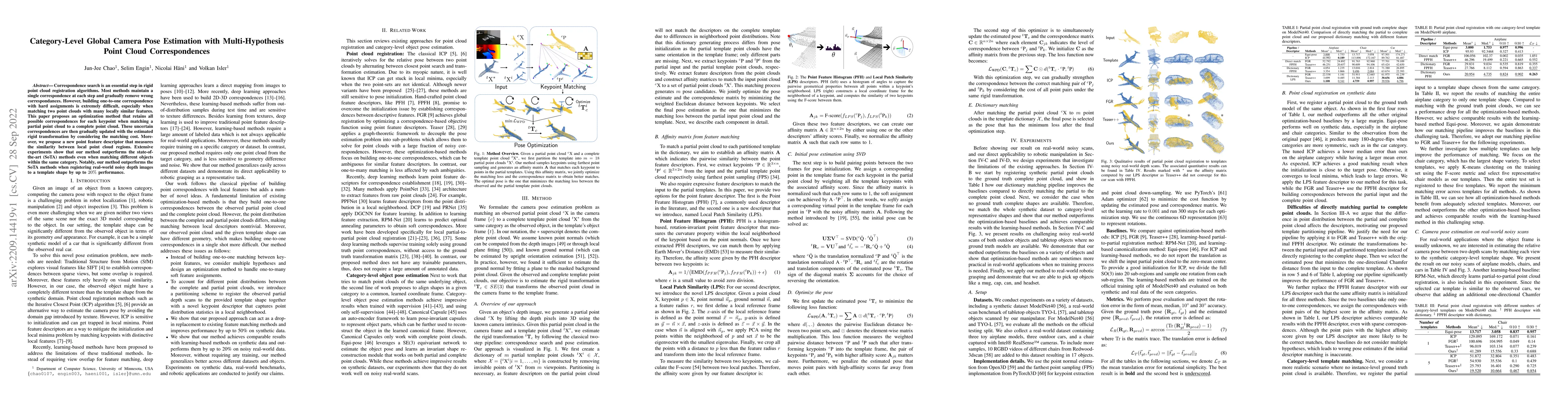 Thumbnail for Category-Level Global Camera Pose Estimation with Multi-Hypothesis Point
  Cloud Correspondences