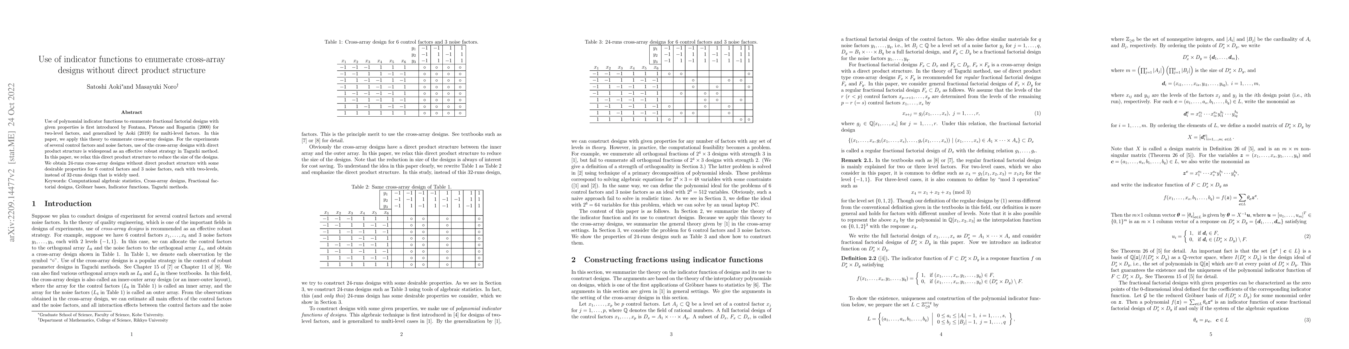 Thumbnail for Use of indicator functions to enumerate cross-array designs without
  direct product structure