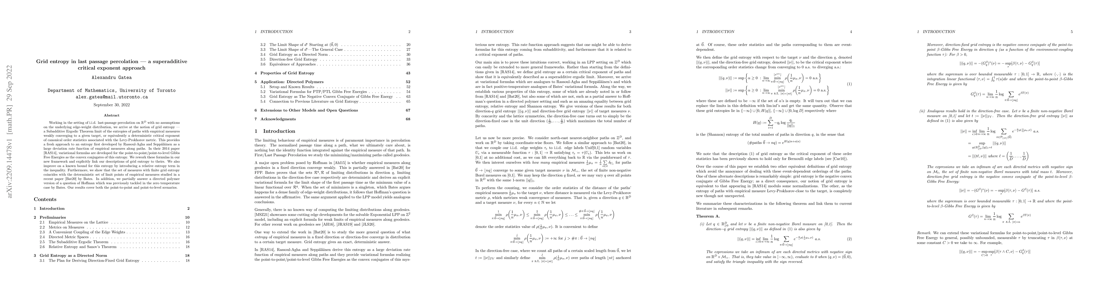 Thumbnail for Grid entropy in last passage percolation -- a superadditive critical
  exponent approach