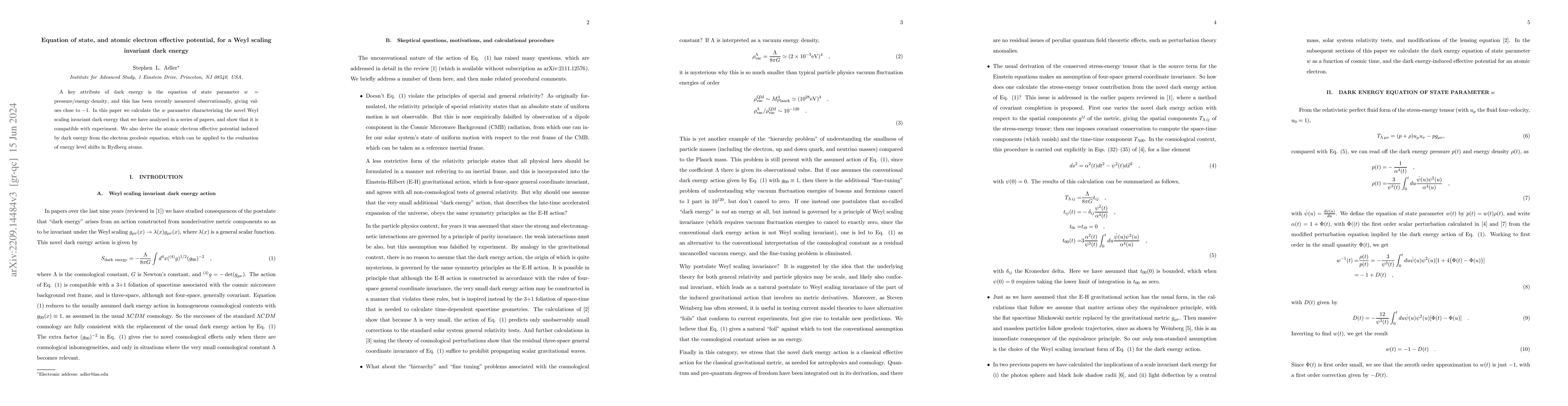 Thumbnail for Equation of state, and atomic electron effective potential, for a Weyl
  scaling invariant dark energy
