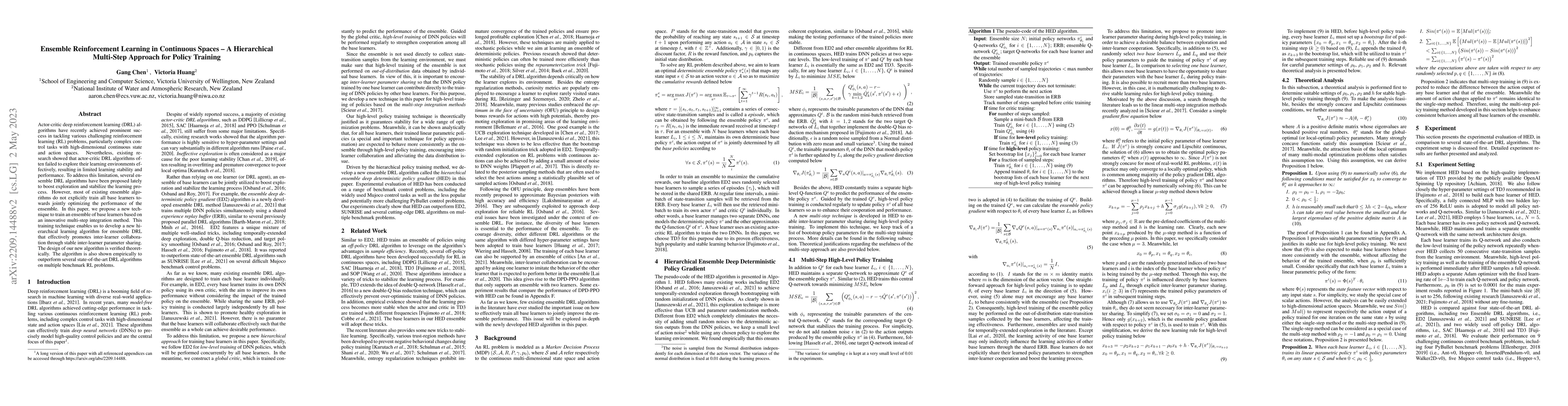 Thumbnail for Ensemble Reinforcement Learning in Continuous Spaces -- A Hierarchical
  Multi-Step Approach for Policy Training