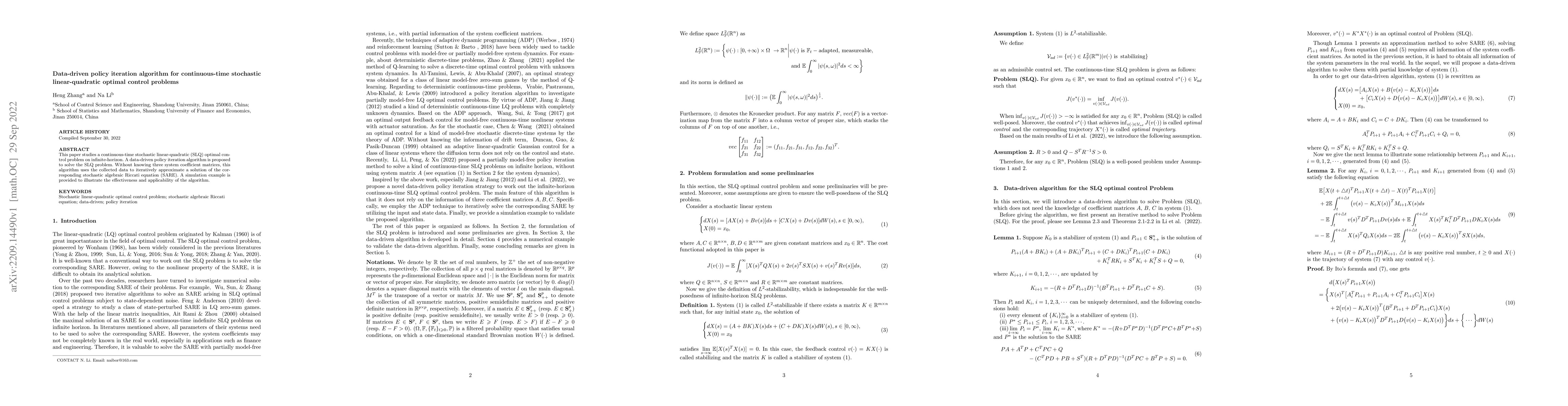 Thumbnail for Data-driven policy iteration algorithm for continuous-time stochastic
  linear-quadratic optimal control problems