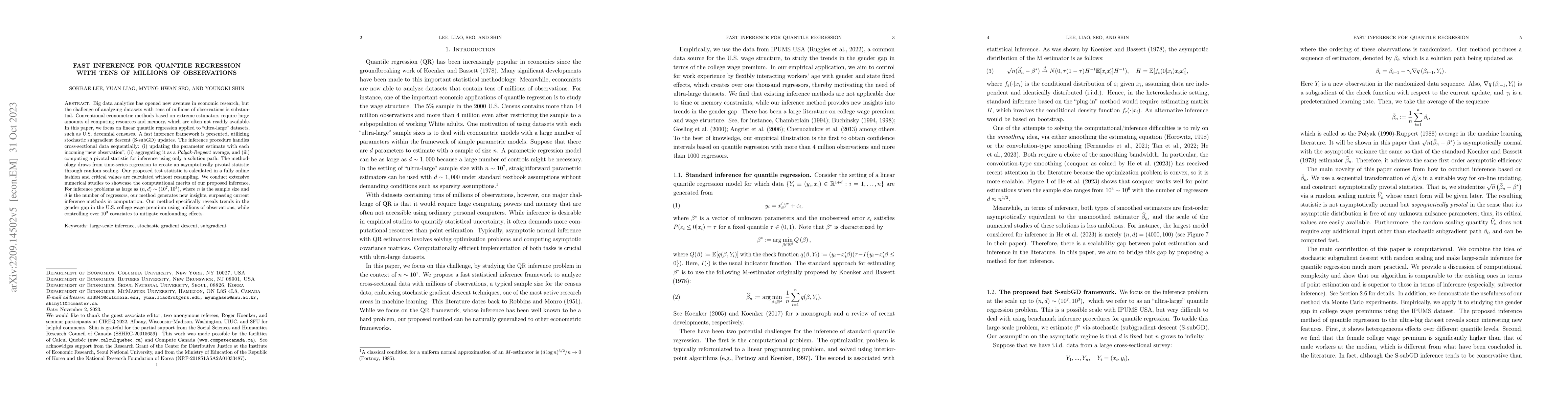 Thumbnail for Fast Inference for Quantile Regression with Tens of Millions of
  Observations