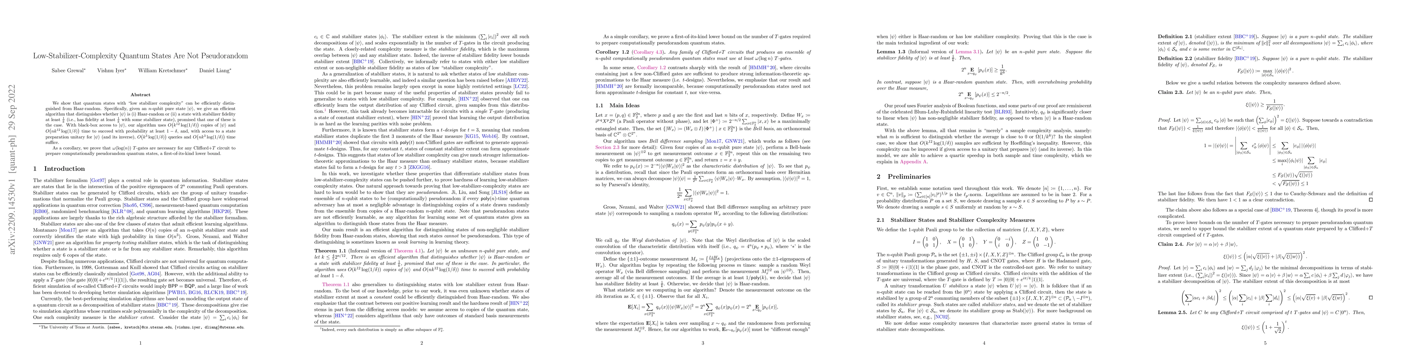 Thumbnail for Low-Stabilizer-Complexity Quantum States Are Not Pseudorandom