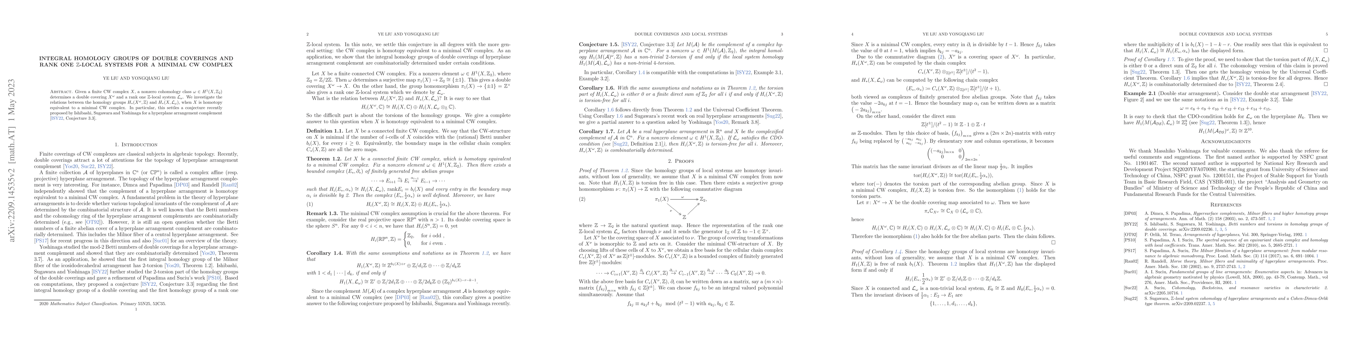 Thumbnail for Integral homology groups of double coverings and rank one
  $\mathbb{Z}$-local system for minimal CW complex