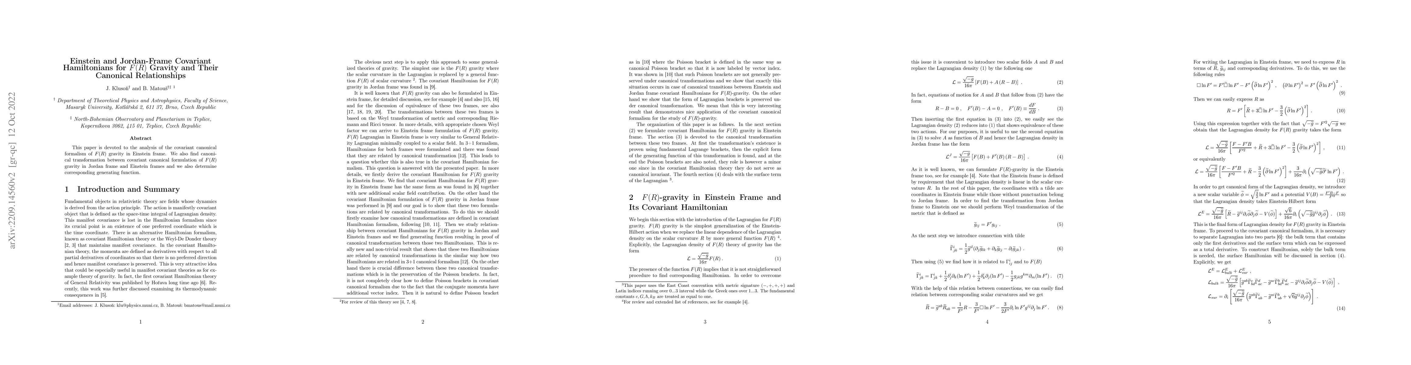 Thumbnail for Einstein and Jordan-Frame Covariant Hamiltonians for F(R) Gravity and
  Their Canonical Relationships
