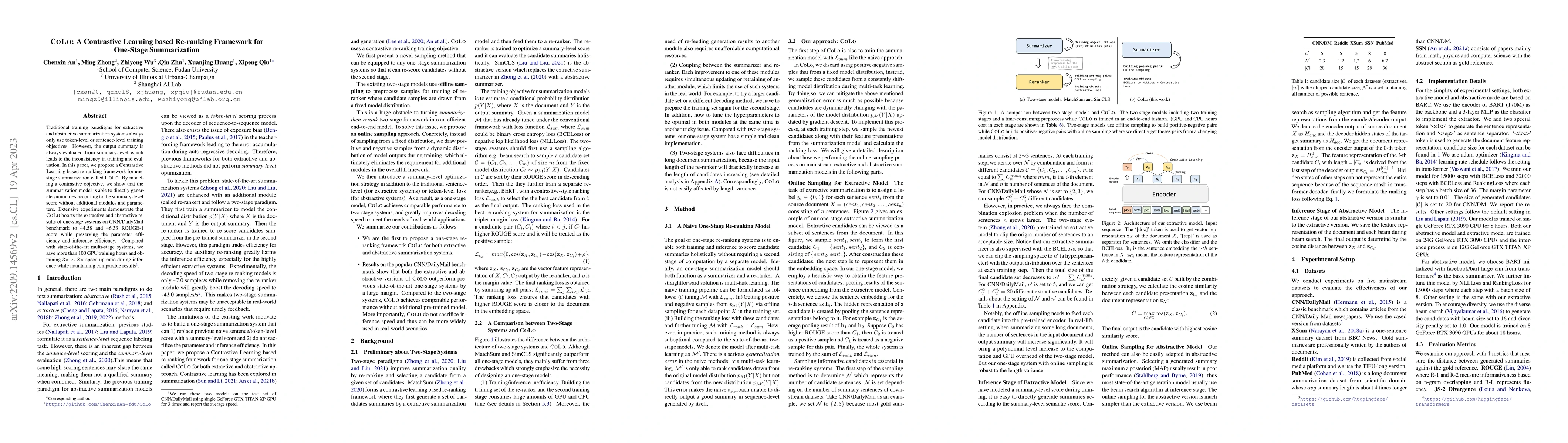 Thumbnail for COLO: A Contrastive Learning based Re-ranking Framework for One-Stage
  Summarization